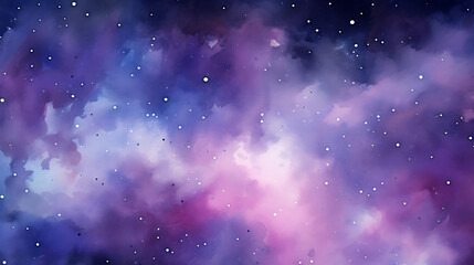Watercolor splashes creating the illusion of a distant galaxy, in deep purples and blues with stars...