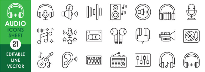 A set of linear icons related to audio. Outline icons set of music.