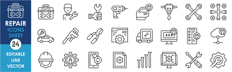 A set of linear icons of repair. Mechanics, instrument, mend, repair related icons set in outline style. Vector illustrations.