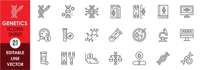 A set of linear icons related to genetic and dna. Icons with dna and gene. Outline icons set.
