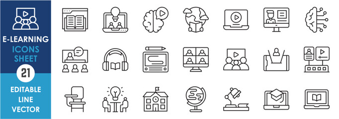 Linear icons sheet related to e learning. Outline icons of online class. video, seminar, e book and so on.