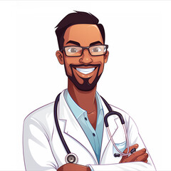 Fototapeta premium Black smiling male medical character, doctor, therapist avatar, isolated on white background