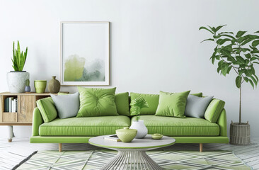 Fototapeta premium Interior design, sofa and living room and empty in home, wall with art for luxury apartment with throw pillows. Rug, stylish and artistic accommodation for deco, house and feng shui with plants