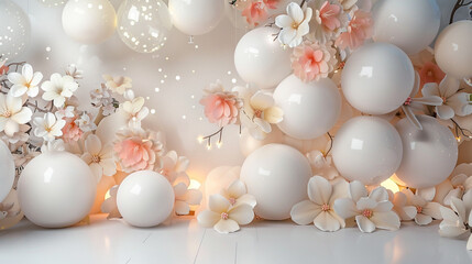 Fototapeta na wymiar An innovative spring balloon wall featuring balloons with LED lights inside, creating a soft glow among the balloons and illuminating the lifelike white