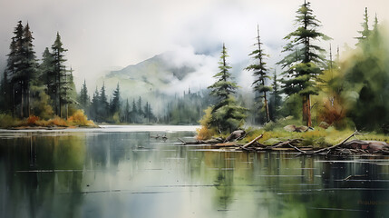 Watercolor splashes mimicking the gentle touch of rain on a tranquil lake surface