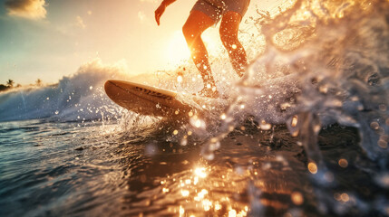 Closeup legs of a surfer standing on a surfboard. Extreme surfer. Surfing, fun in the sea or ocean.