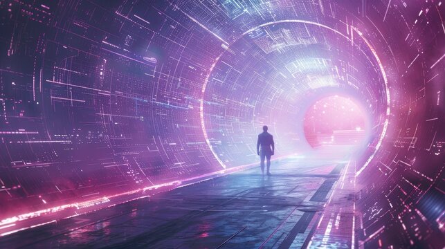 A conceptual artwork illustrating the interconnectedness of various virtual worlds within the metaverse, with portals and gateways leading to different realms