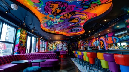ceiling graffiti art, the rooms ceiling features a lively graffiti mural with bold colors and...