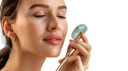Woman using a jade roller on her face for lymphatic drainage isolated on white background, pop-art,...
