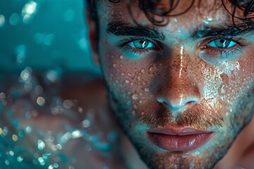 Intense Close-Up of Young Male with Wet Skin and Blue Lighting, Dramatic Portrait
