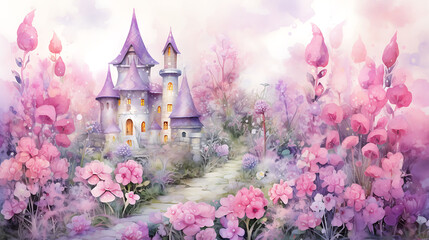 Whimsical pink and lavender watercolor splashes, crafting a fairy tale garden scene