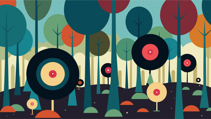 An enchanted forest where the trees are covered in vinyl records instead of leaves each one magically playing a snippet of a different song when Vector illustration