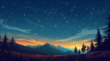 A group of horsemen on horseback, at night against the background of the starry sky and mountains
