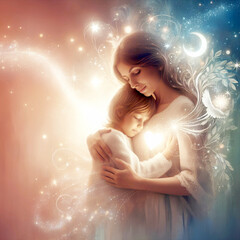 A magical moment where a mother comforts her child, surrounded by a soft glow emanating from her heart, Mother's love, child's feeling in moonlight- Generative AI