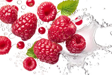 Raspberries in a Water Splash On Transparent Background.