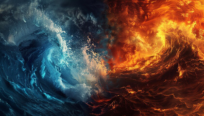 A dramatic and intense clash of deep blue and fiery orange waves, swirling together in a powerful display that captures the raw energy of an ocean storm.