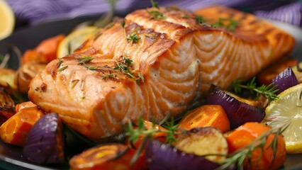 Citrus-Glazed Salmon with Herbs and Roasted Vegetables: A Vibrant Meal. Concept Salmon Recipes, Healthy Eating, Vibrant Flavors, Roasted Vegetables, Citrus Glaze