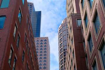 Canary wharf street with buildings facade general view in Boston city, american city skyline 