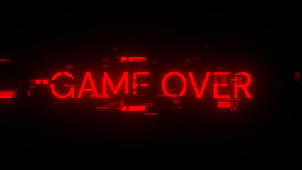 3D rendering game over text with screen effects of technological glitches