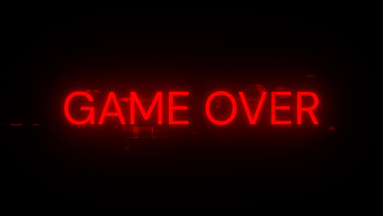 3D rendering game over text with screen effects of technological glitches