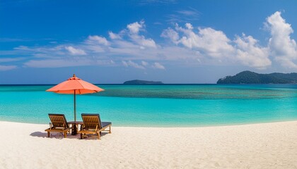 Fototapeta premium picturesque beach setting, boasting glistening white sands, stylish chairs, and a colorful umbrella, framed against a backdrop of azure ocean and endless sky.