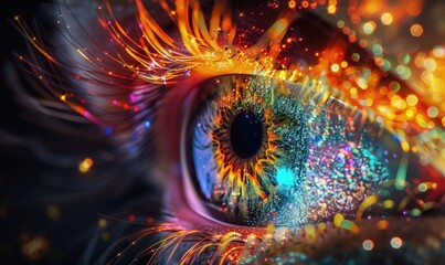 Eye with colored beams of light radiating from the iris, artificial intelligence.