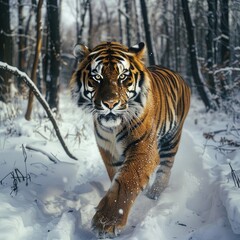 Obraz premium Describe the threat to extinction of the Amur tiger, the symbol of Siberia, against the background of the destruction of forests,