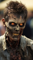 Zombie with orange eyes and a spiked head, evil zombie, undead facial features, hauntingly beautiful zombie