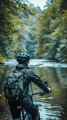 Tranquil Cyclist Capturing River Scenery on Smartphone During Break - Ultra Realistic Concept in Photo Stock