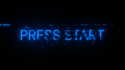 3D rendering press start text with screen effects of technological glitches