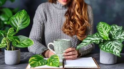   A woman sits at a table, holding a book in one hand and a steaming cup of coffee in the other A lively potted plant is situated nearby