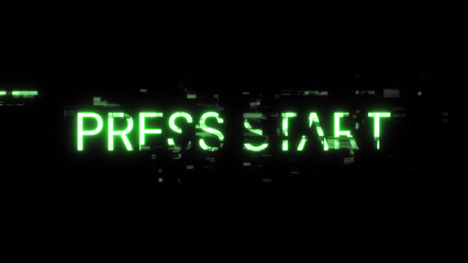 3D rendering press start text with screen effects of technological glitches