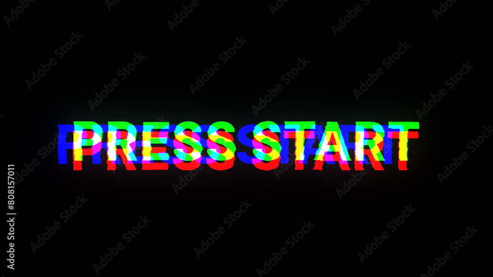 Poster 3d rendering press start text with screen effects of technological glitches