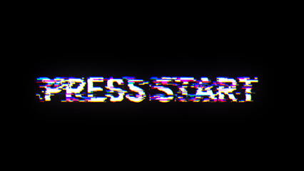 3D rendering press start text with screen effects of technological glitches