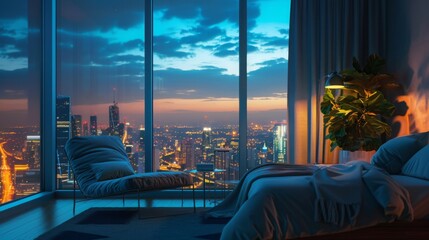 A bedroom with windows showing a view of the illuminated cityscape at night, with twinkling lights...