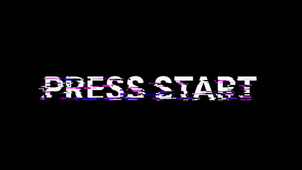 3D rendering press start text with screen effects of technological glitches