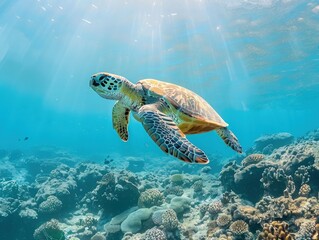 Fototapeta premium Sea turtle swimming in clear blue water, marine life.