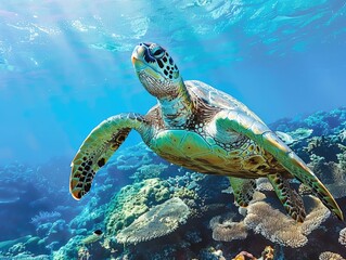 Sea turtle swimming in clear blue water, marine life.