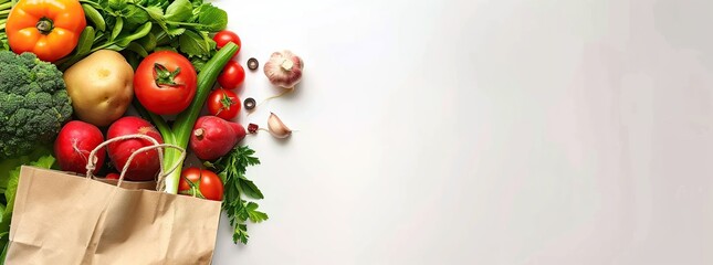 vegetables and fruits with view from above on white background.
