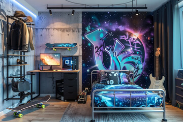 An urban-style teenager's bedroom with a graffiti mural in shades of blue and purple on one wall....