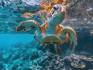 Sea turtle swimming in clear blue water, marine life.