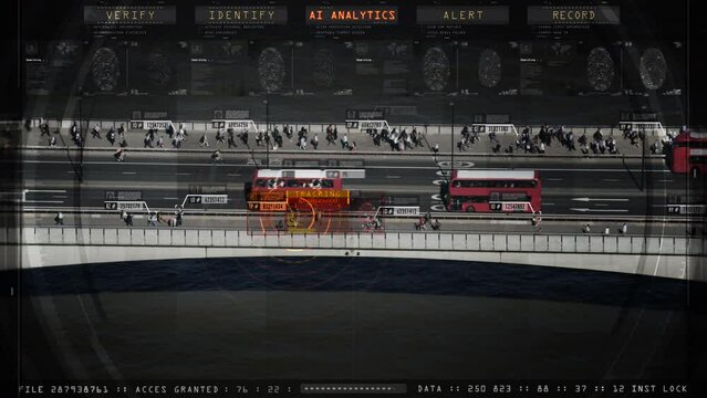 
Aerial Shot over London Bridge, England. Security Interface Tracking Traffic At Rush Hour, Intelligence Agency Using Artificial Intelligence to Find a Criminal or Terrorist. ID Verification, Criminal