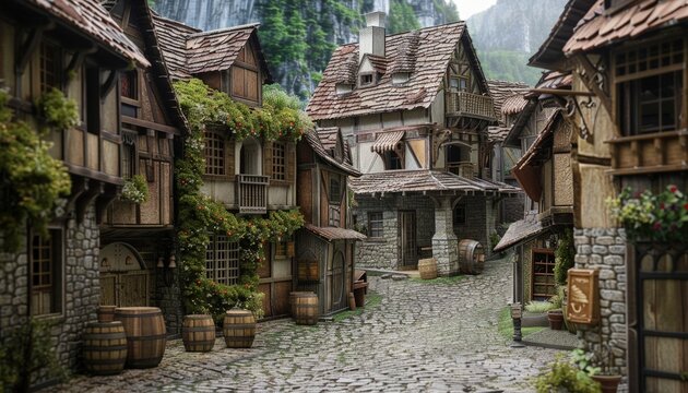 A small medieval village with cobblestone streets and wooden and stone houses, fantasy concept.