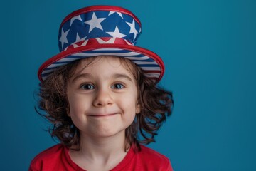 Child wearing USA top hat, concept of Independence Day, 4th of July.