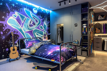An urban-style teenager's bedroom with a graffiti mural in shades of blue and purple on one wall....