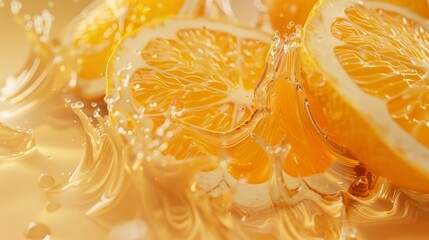 Macro photography of orange slices falling into orange juice
