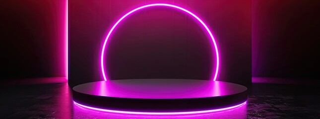 Empty round podium with pink neon lights on the wall, on a dark background.