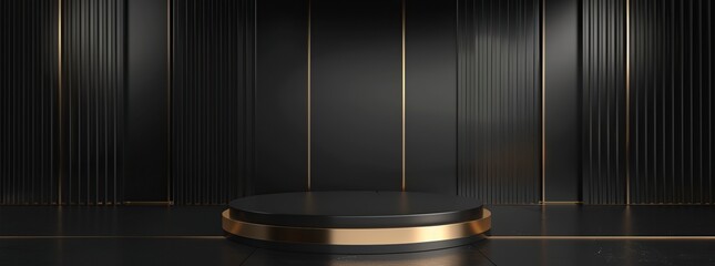 Empty round podium with gold neon lights on the wall, on a dark background.