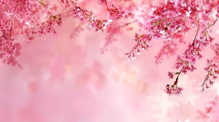   A pink backdrop features a tree in the foreground adorned with clusters of pink blossoms Behind it, a pink sky stretches out
