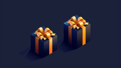 two gift boxes, one dark blue and the other orange color with golden ribbon on it, dark navy background Generative AI